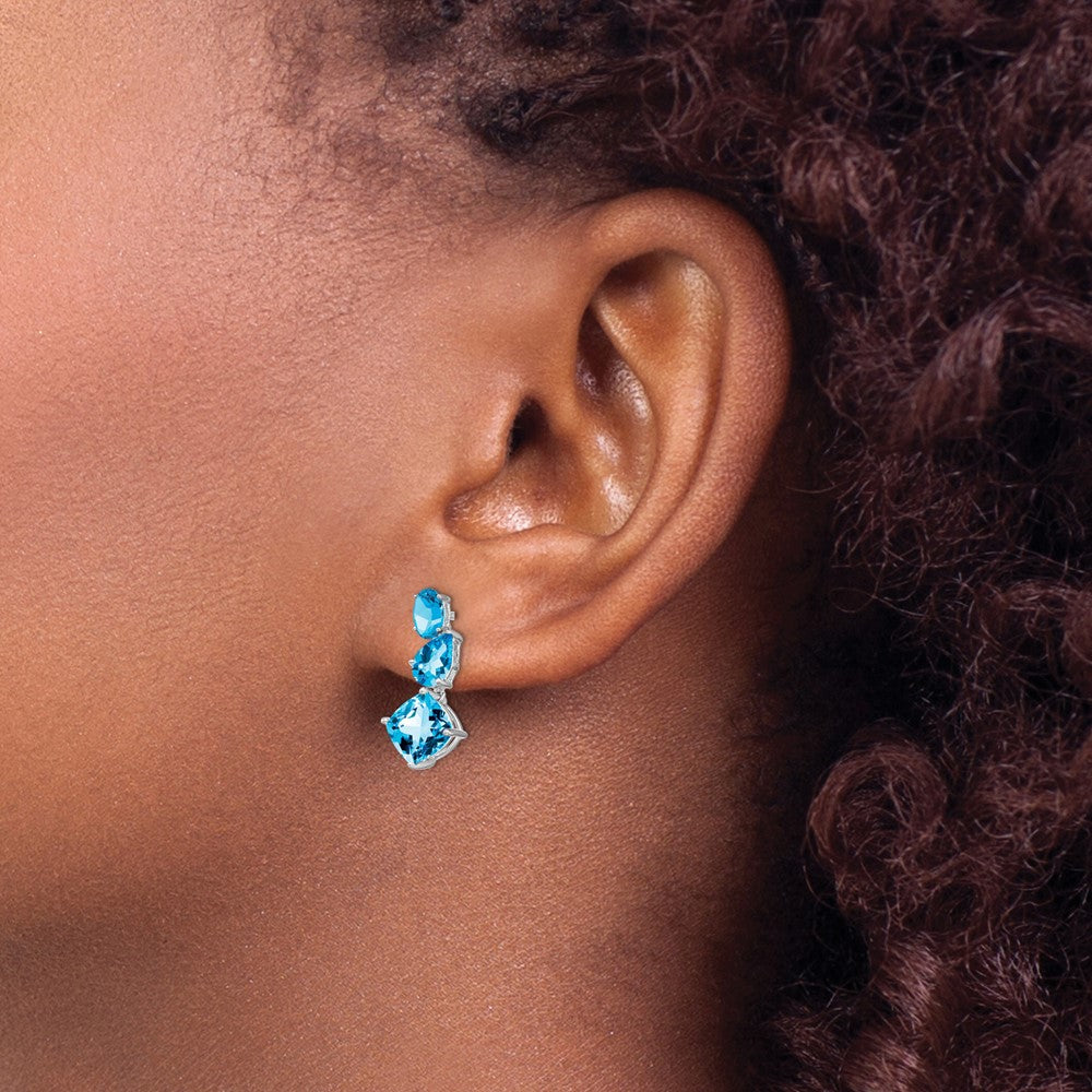 14k White Gold Oval/Pear/Cushion Blue Topaz Dangle Post Earrings