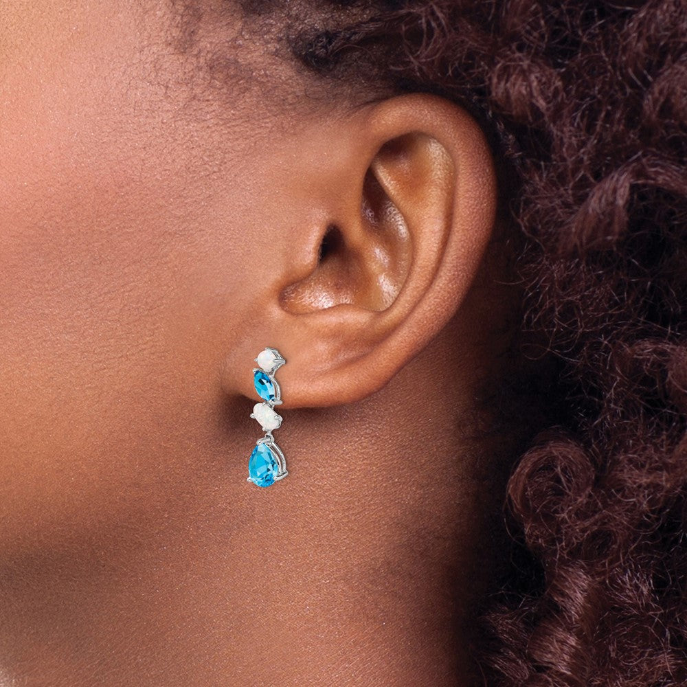14k White Gold Blue Topaz and Opal Dangle Post Earrings