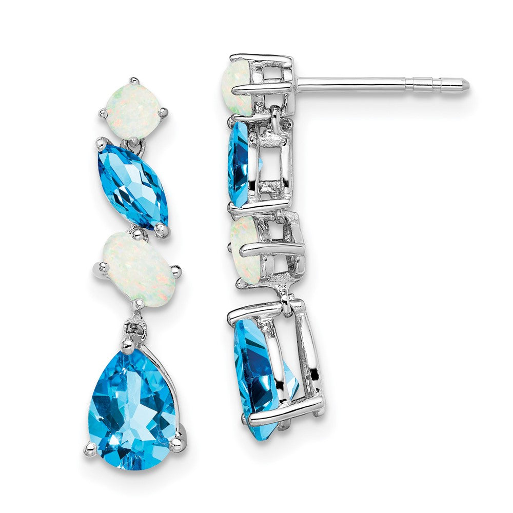 14k White Gold Blue Topaz and Opal Dangle Post Earrings