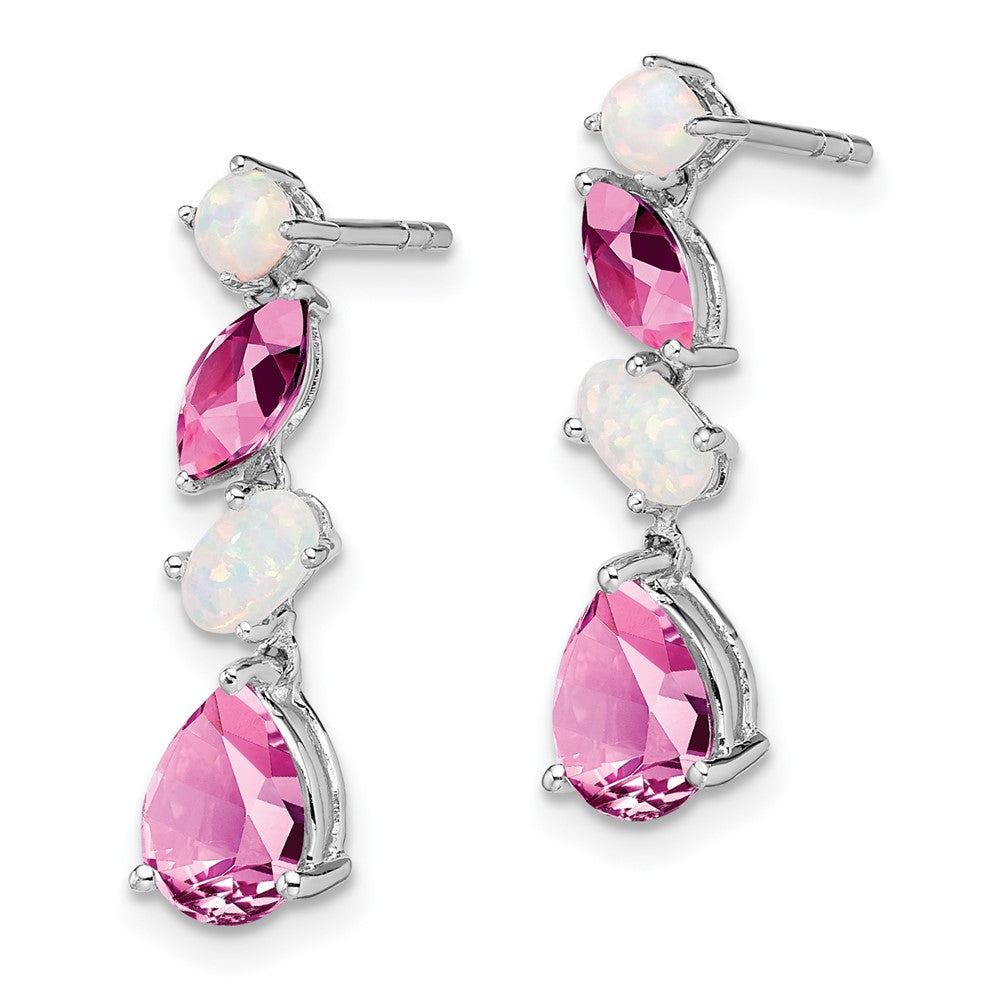 14k White Gold Lab Created Pink Sapphire and Opal Dangle Post Earrings