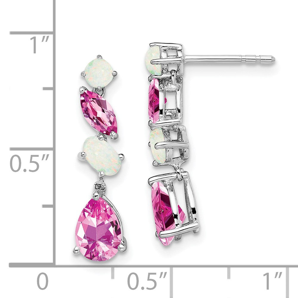 14k White Gold Lab Created Pink Sapphire and Opal Dangle Post Earrings