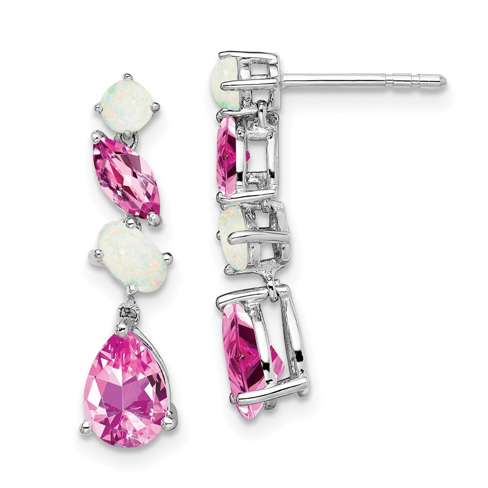 14k White Gold Lab Created Pink Sapphire and Opal Dangle Post Earrings