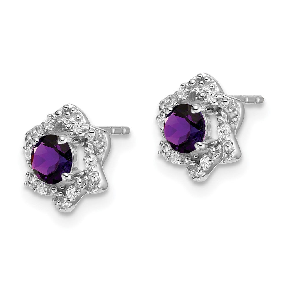 14k White Gold Round Amethyst and .06 carat Diamond Floral Post Earrings