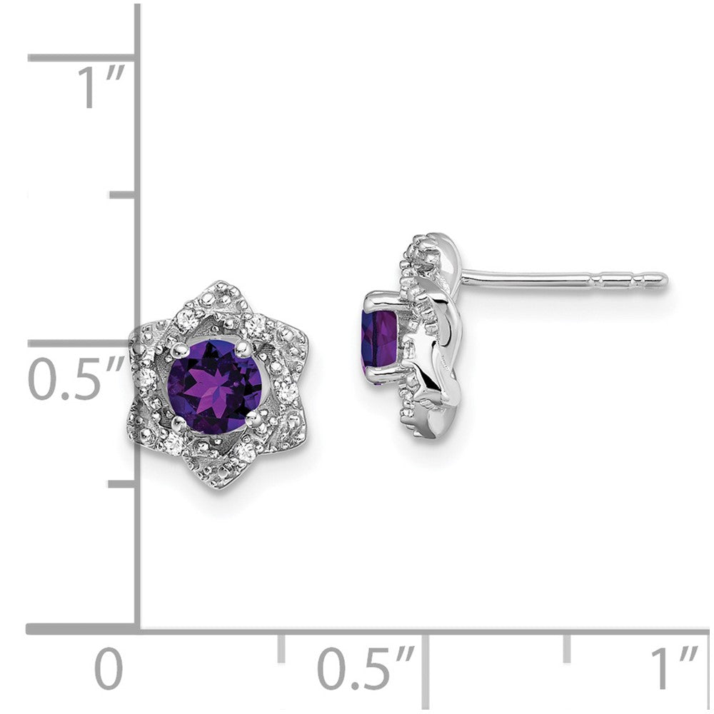 14k White Gold Round Amethyst and .06 carat Diamond Floral Post Earrings