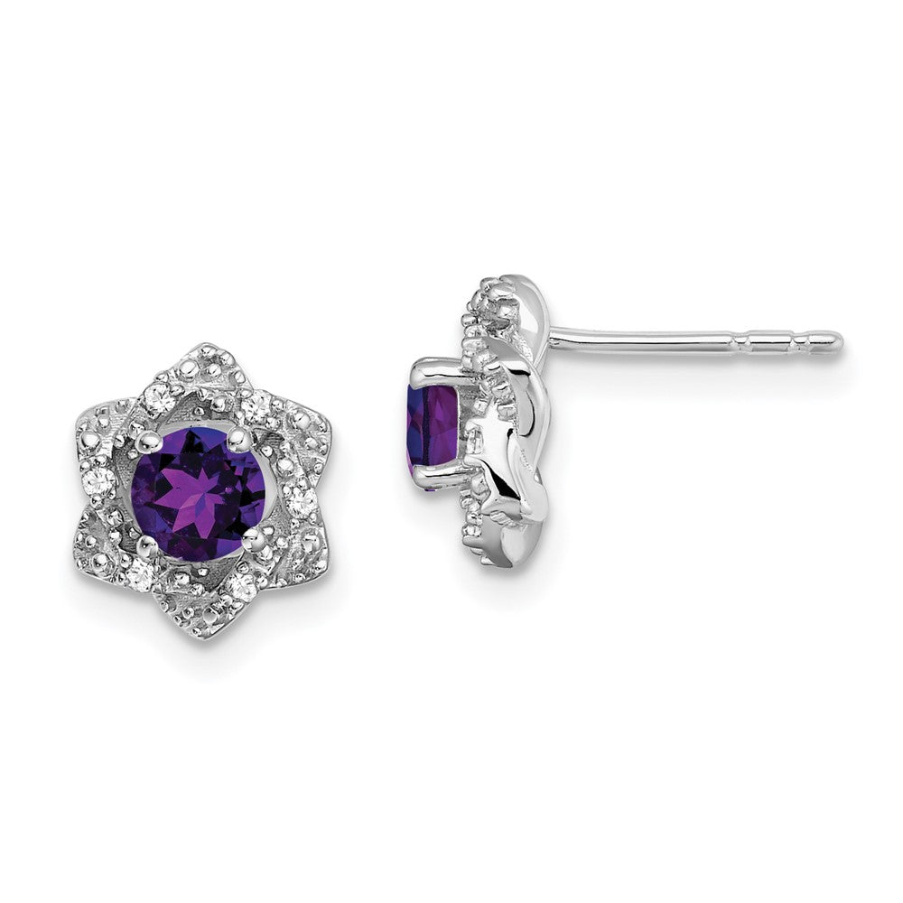 14k White Gold Round Amethyst and .06 carat Diamond Floral Post Earrings