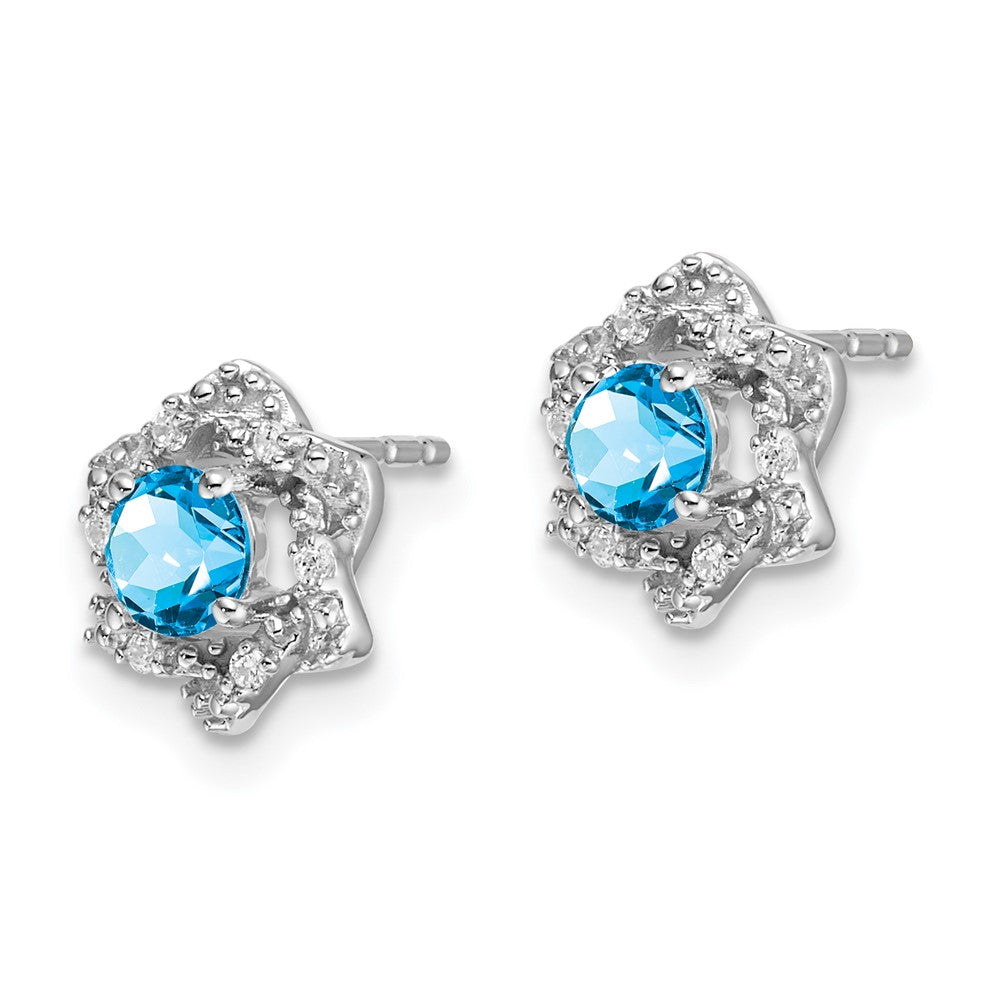 14k White Gold Round Blue Topaz and .06 carat Diamond Floral Post Earrings