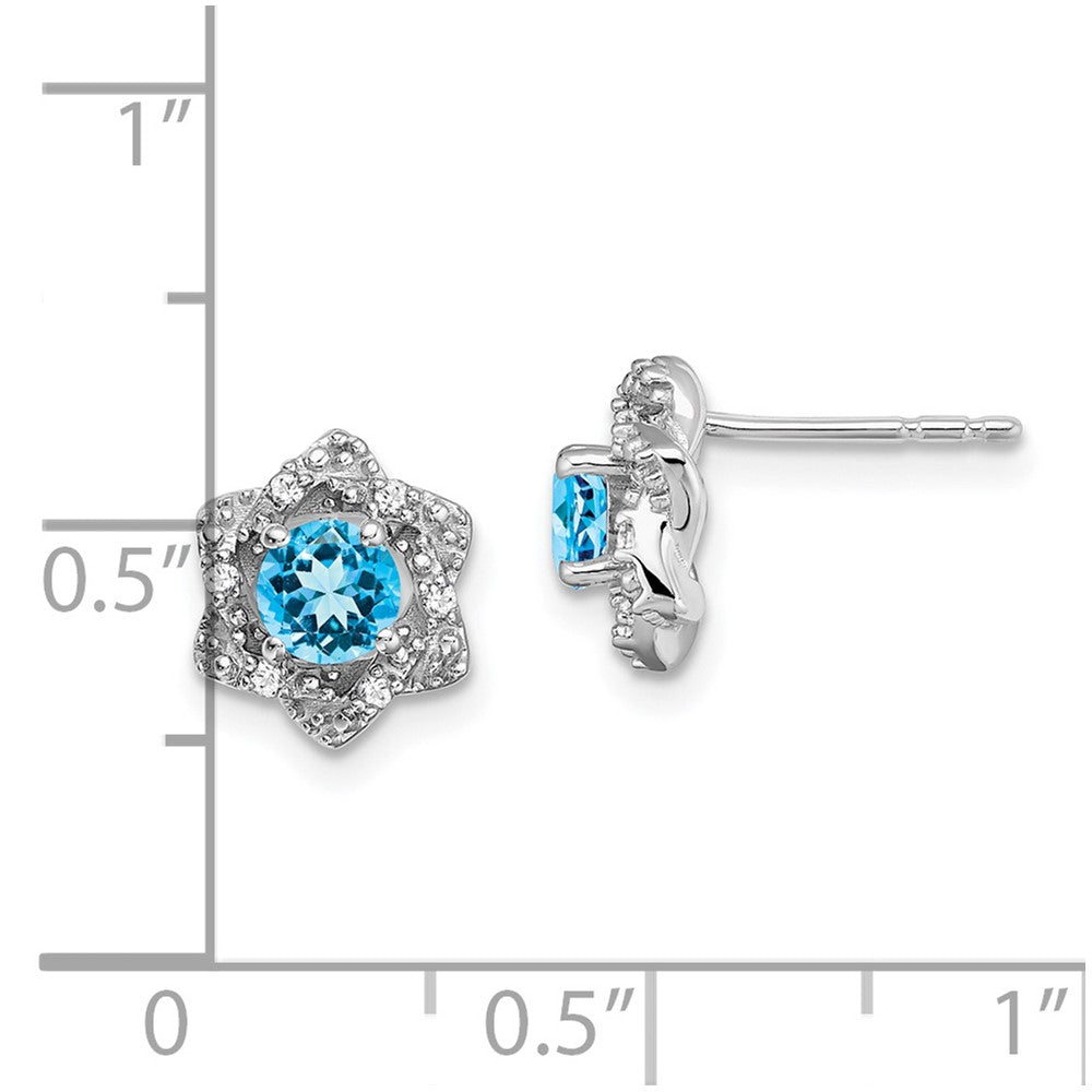 14k White Gold Round Blue Topaz and .06 carat Diamond Floral Post Earrings