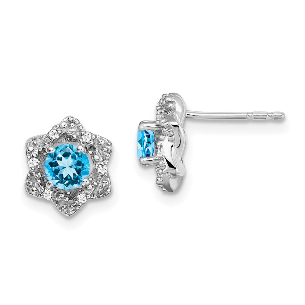 14k White Gold Round Blue Topaz and .06 carat Diamond Floral Post Earrings