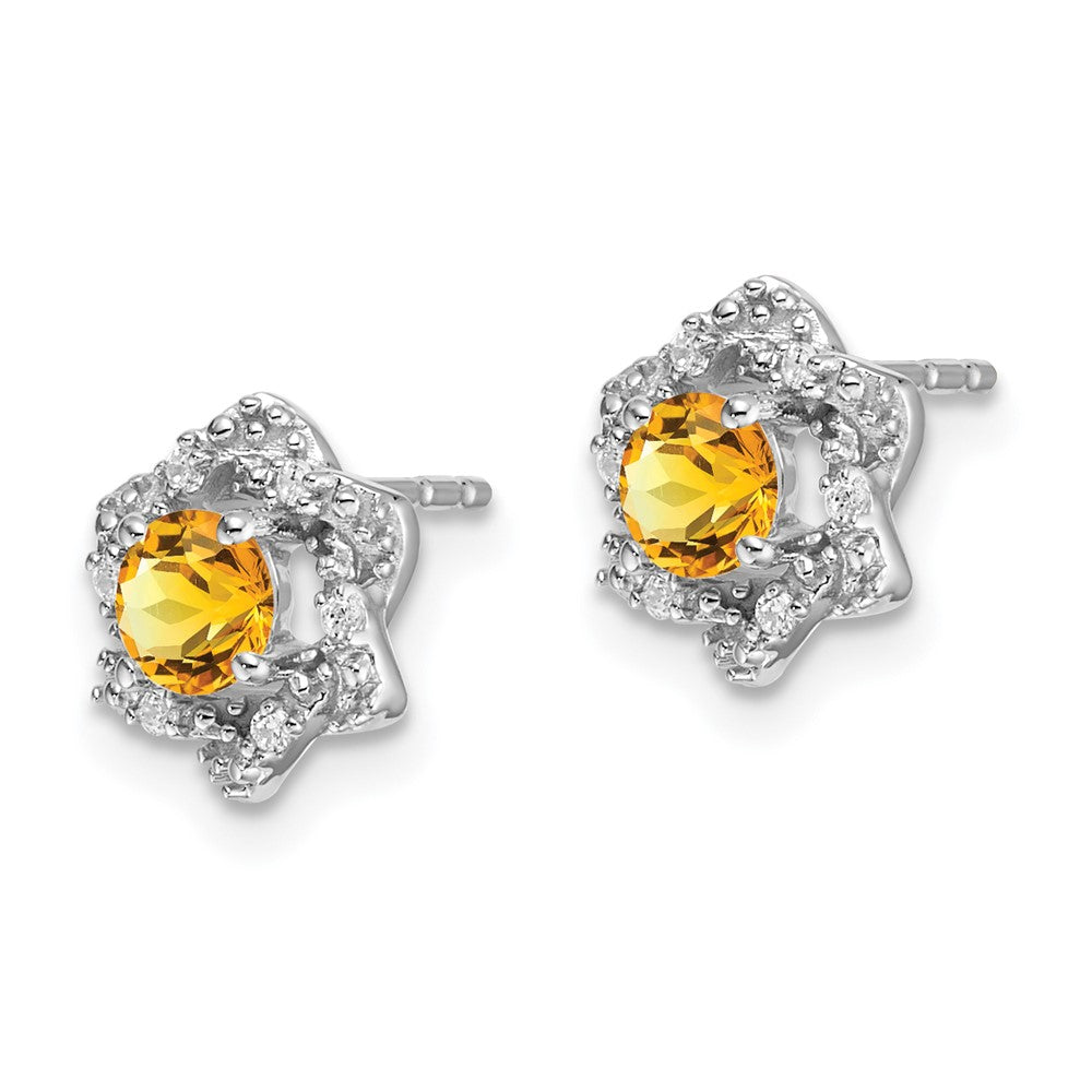 14k White Gold Round Citrine and .06 carat Diamond Floral Post Earrings