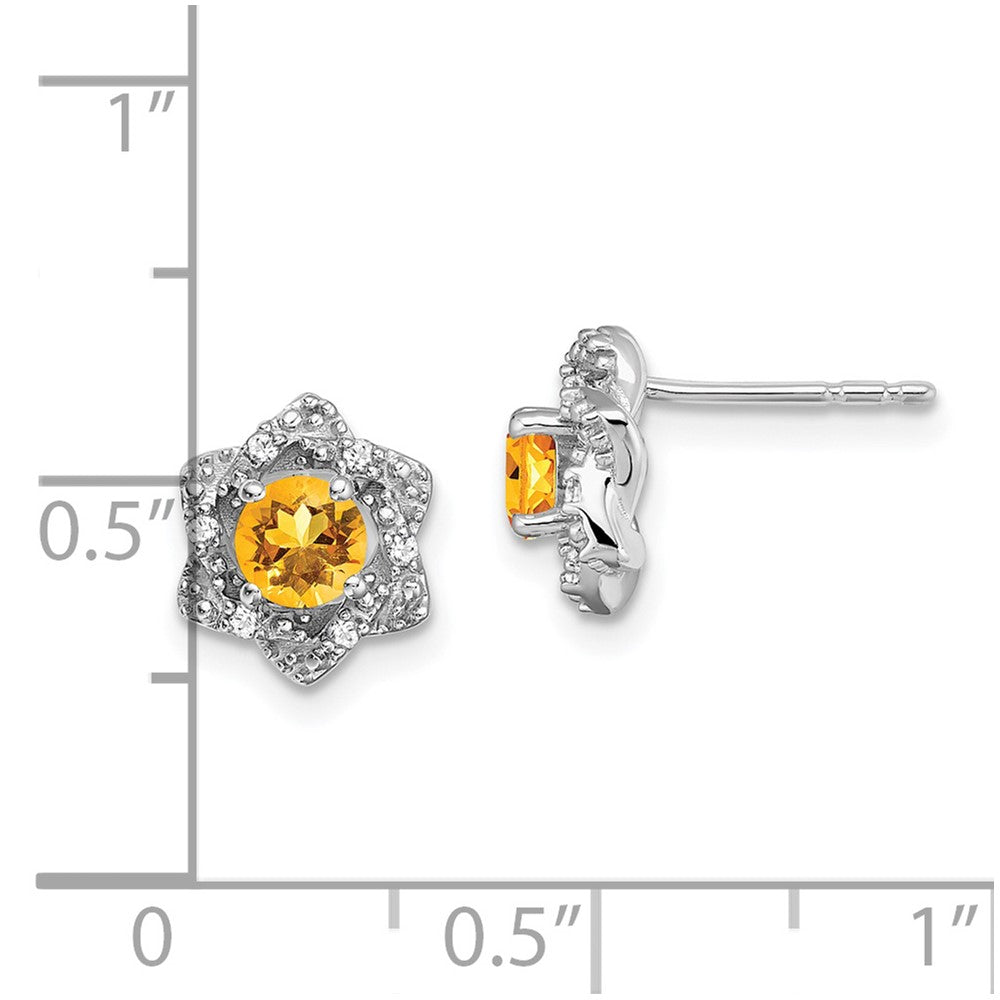14k White Gold Round Citrine and .06 carat Diamond Floral Post Earrings