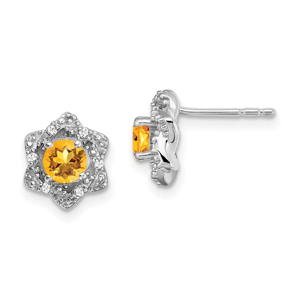 14k White Gold Round Citrine and .06 carat Diamond Floral Post Earrings