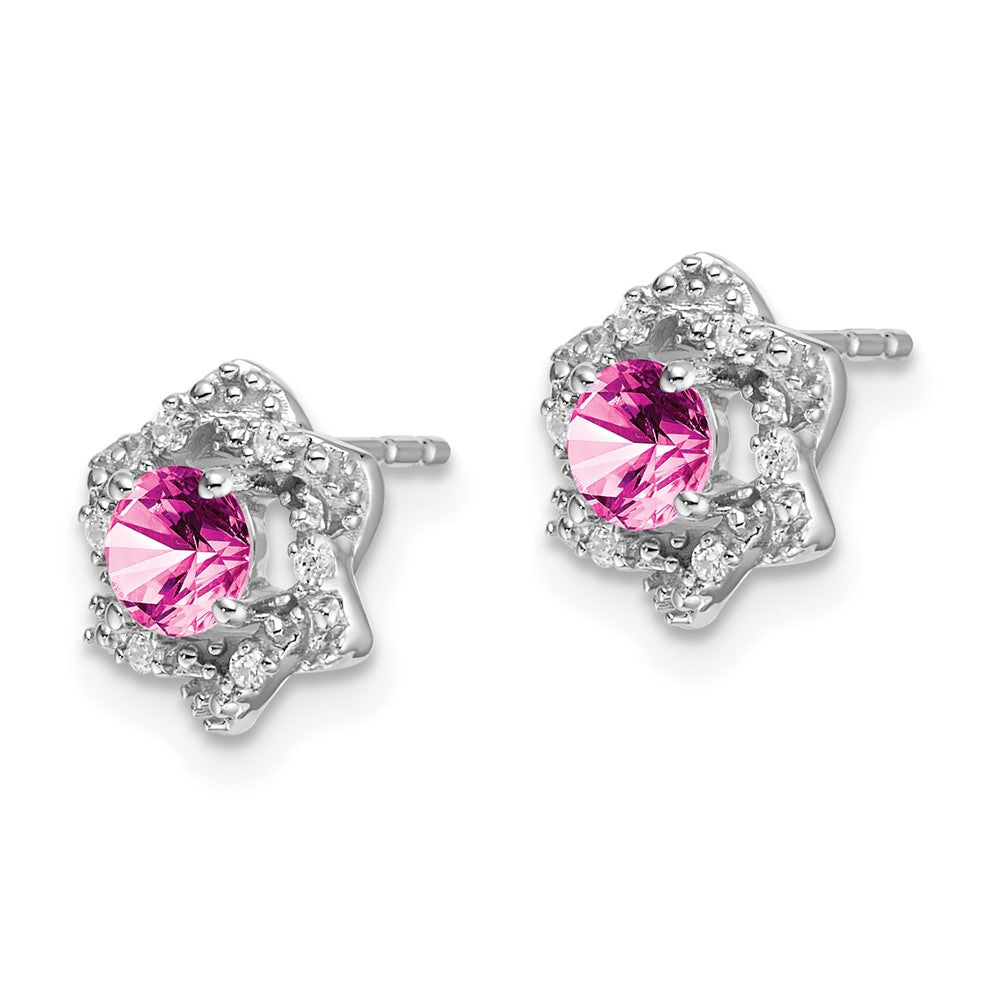 14k White Gold Lab Created Pink Sapphire and Diamond Floral Post Earrings
