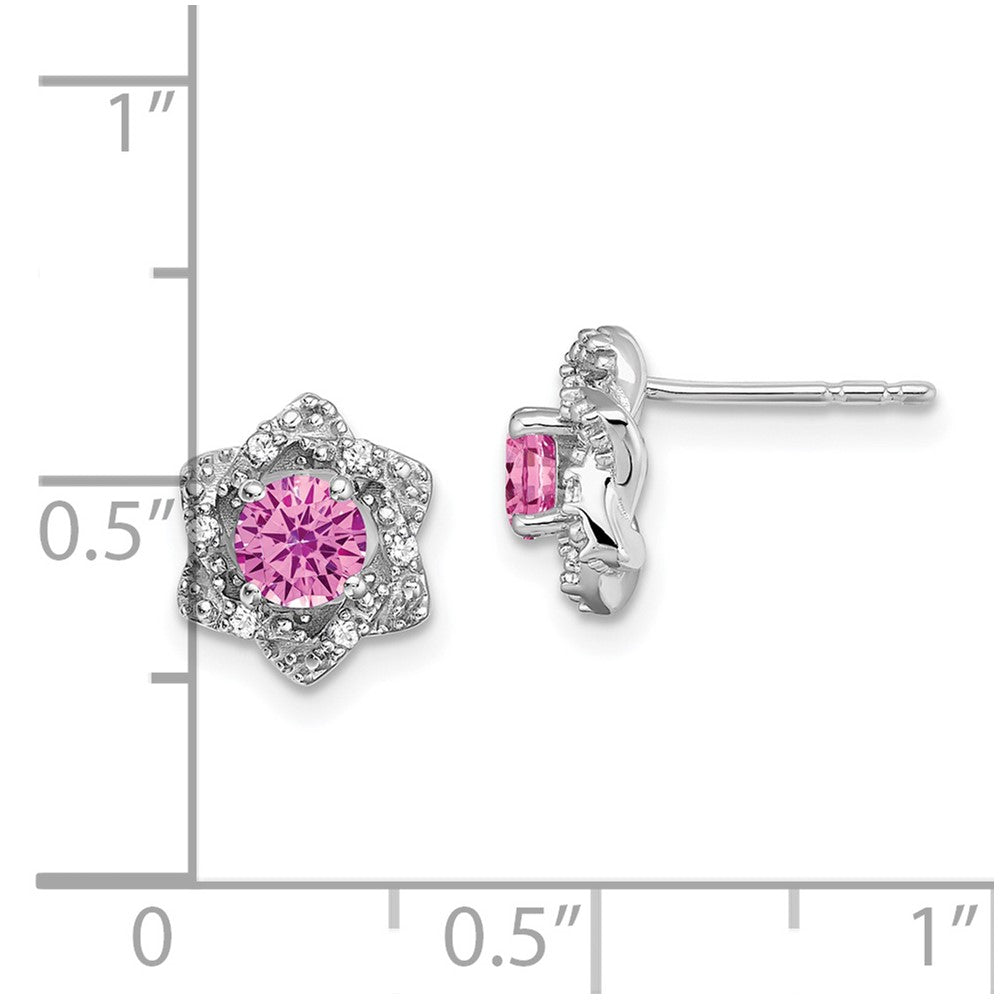 14k White Gold Lab Created Pink Sapphire and Diamond Floral Post Earrings