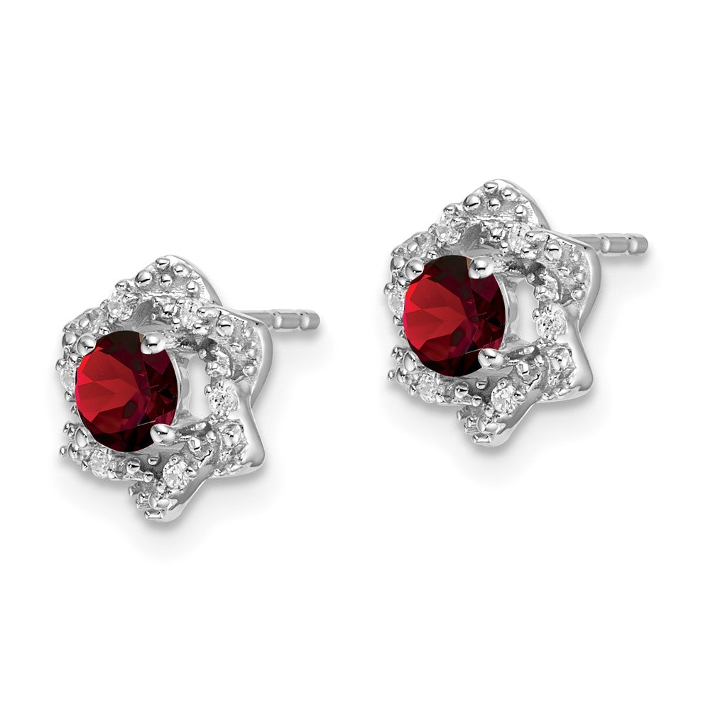 14k White Gold Round Garnet and .06 carat Diamond Floral Post Earrings