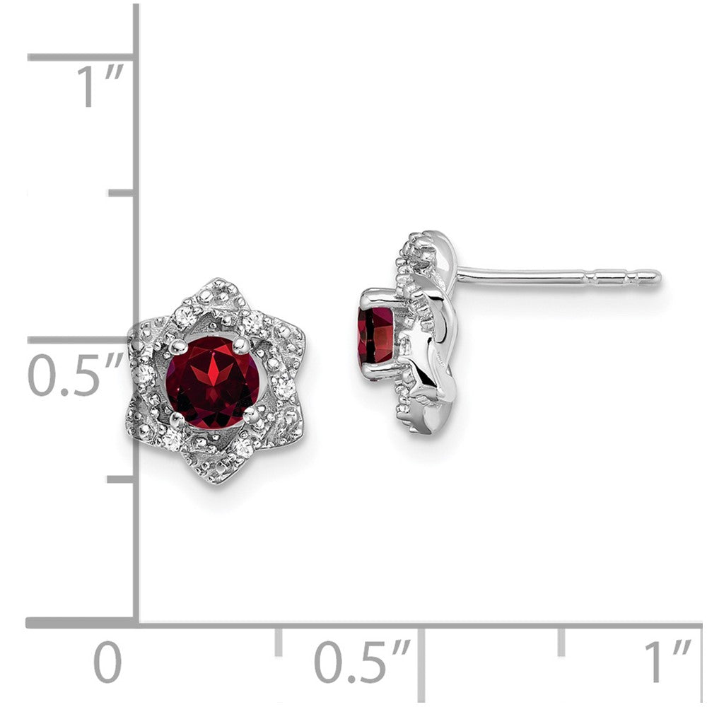 14k White Gold Round Garnet and .06 carat Diamond Floral Post Earrings