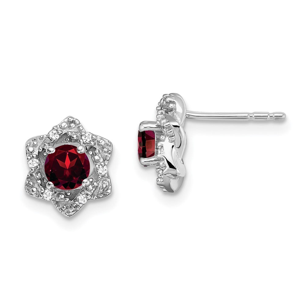 14k White Gold Round Garnet and .06 carat Diamond Floral Post Earrings