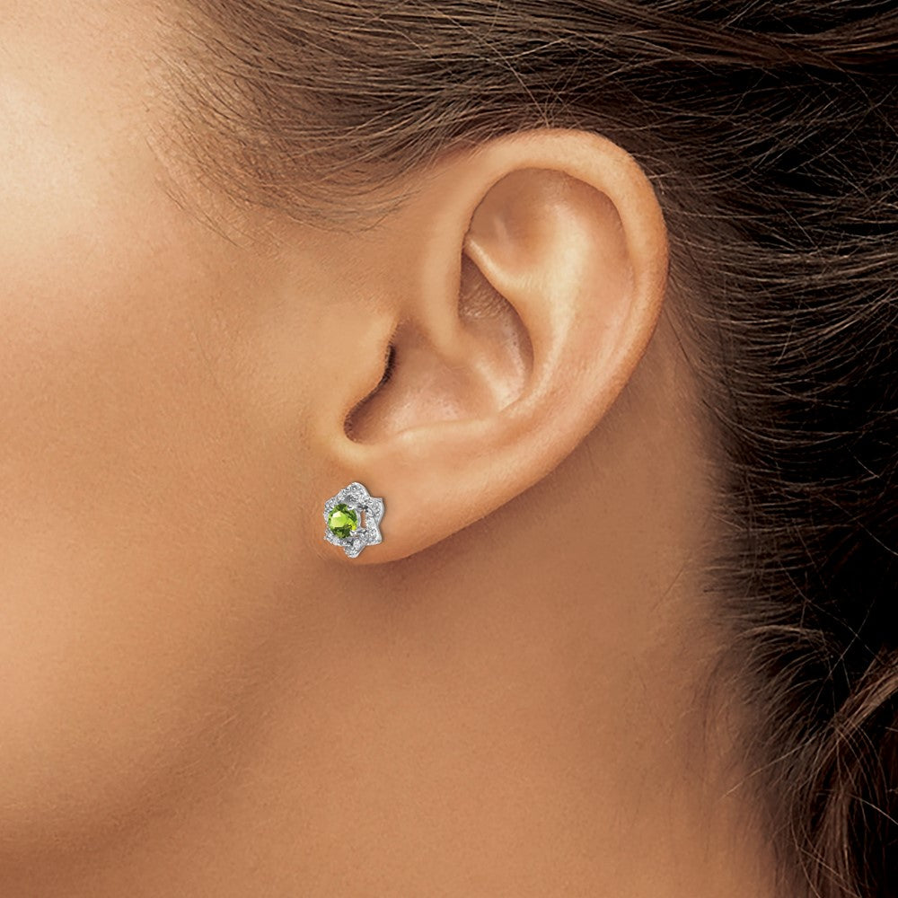 14k White Gold Round Peridot and .06 carat Diamond Floral Post Earrings