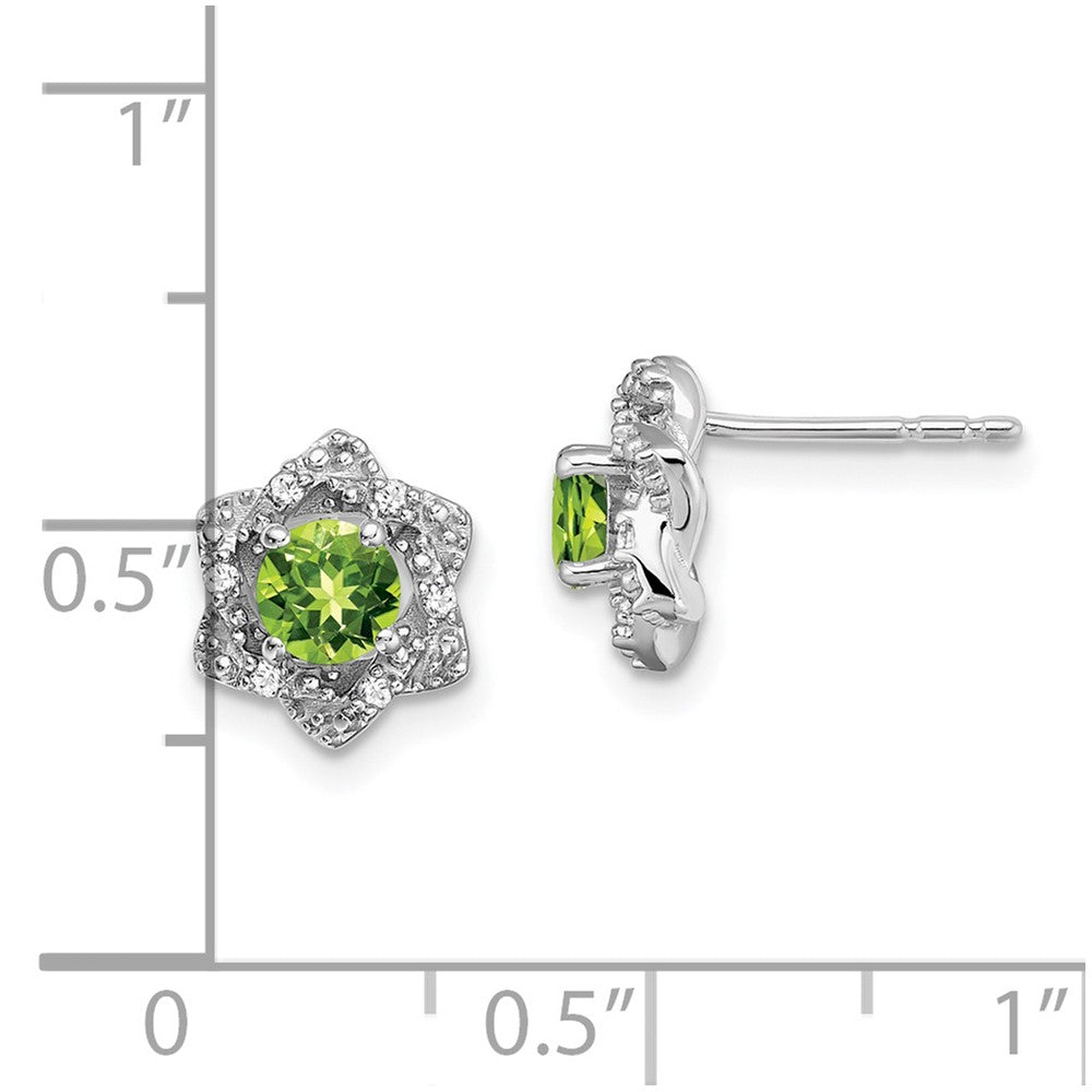 14k White Gold Round Peridot and .06 carat Diamond Floral Post Earrings