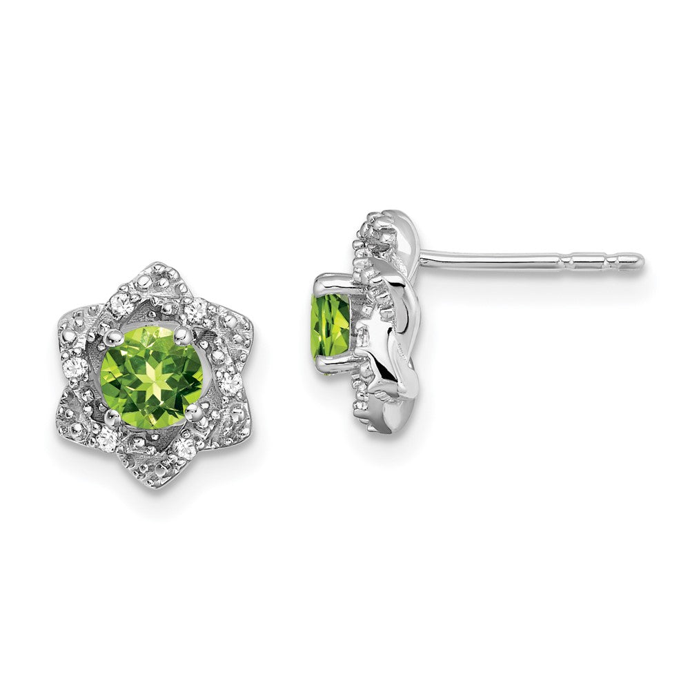 14k White Gold Round Peridot and .06 carat Diamond Floral Post Earrings
