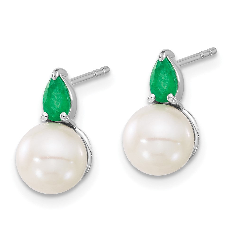 14k White Gold 6-7mm White Round Freshwater Cultured Pearl and .60EM Pear Emerald Post Earrings