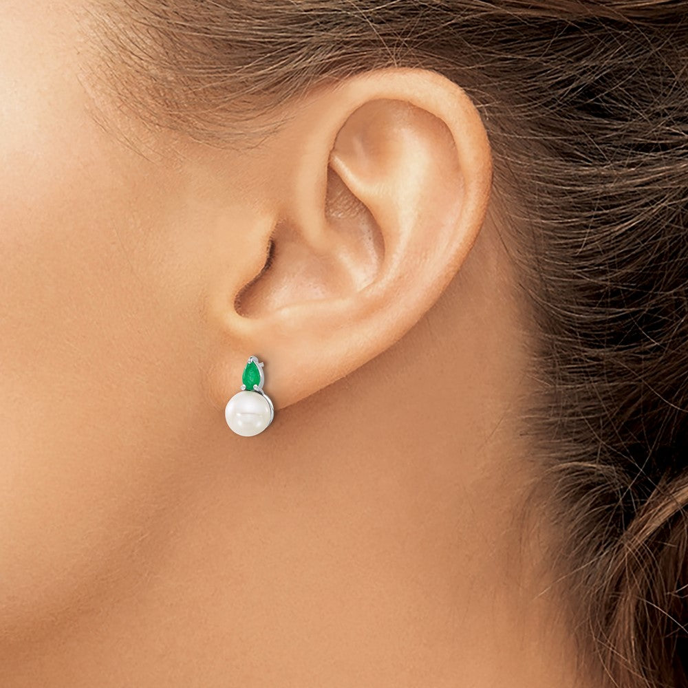 14k White Gold 6-7mm White Round Freshwater Cultured Pearl and .60EM Pear Emerald Post Earrings