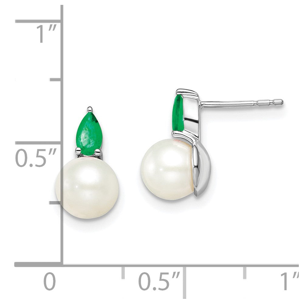 14k White Gold 6-7mm White Round Freshwater Cultured Pearl and .60EM Pear Emerald Post Earrings