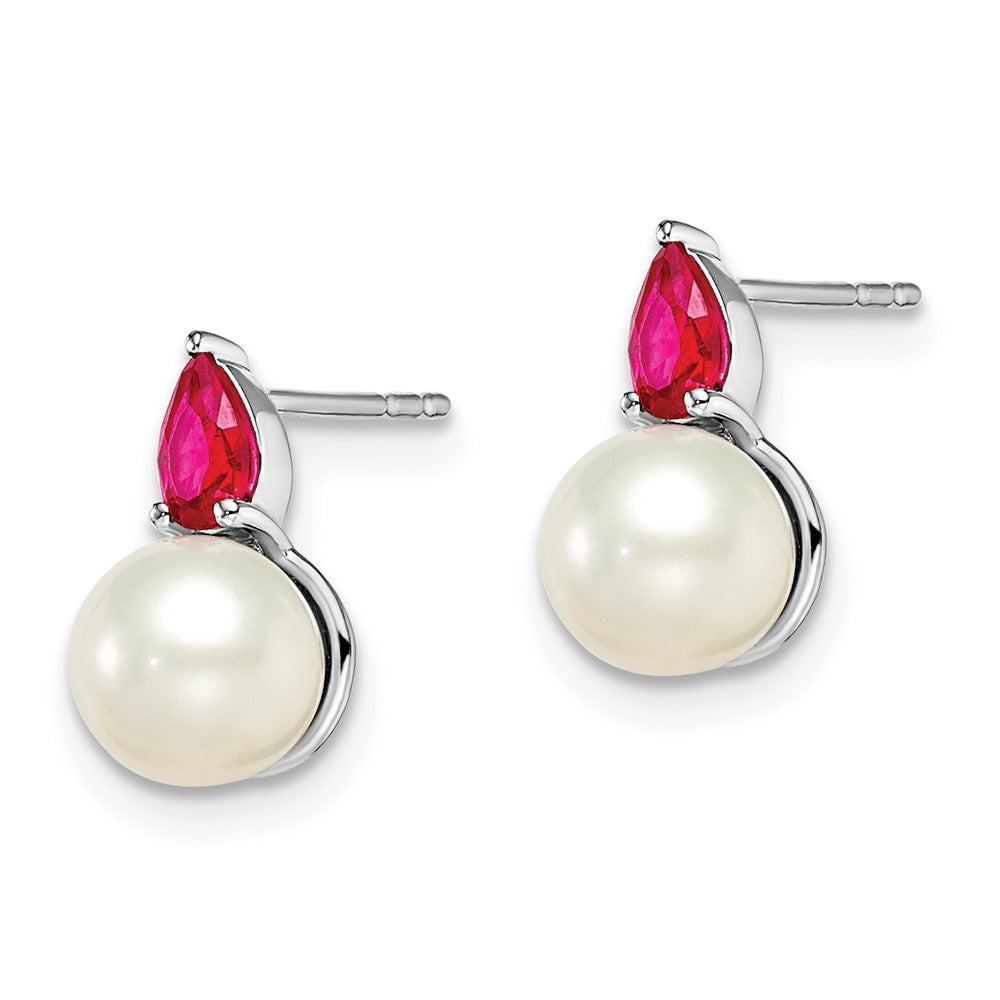 14k White Gold 6-7mm White Round Freshwater Cultured Pearl and .60RU Pear Ruby Post Earrings