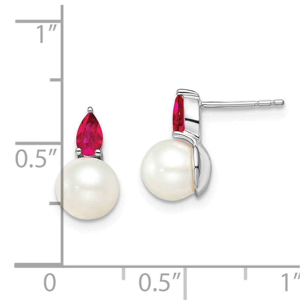 14k White Gold 6-7mm White Round Freshwater Cultured Pearl and .60RU Pear Ruby Post Earrings