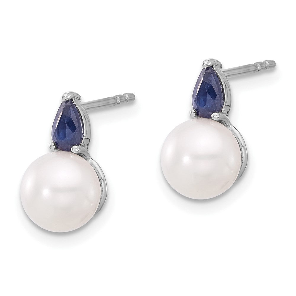 14k White Gold 6-7mm White Round Freshwater Cultured Pearl and .60SA Pear Sapphire Post Earrings