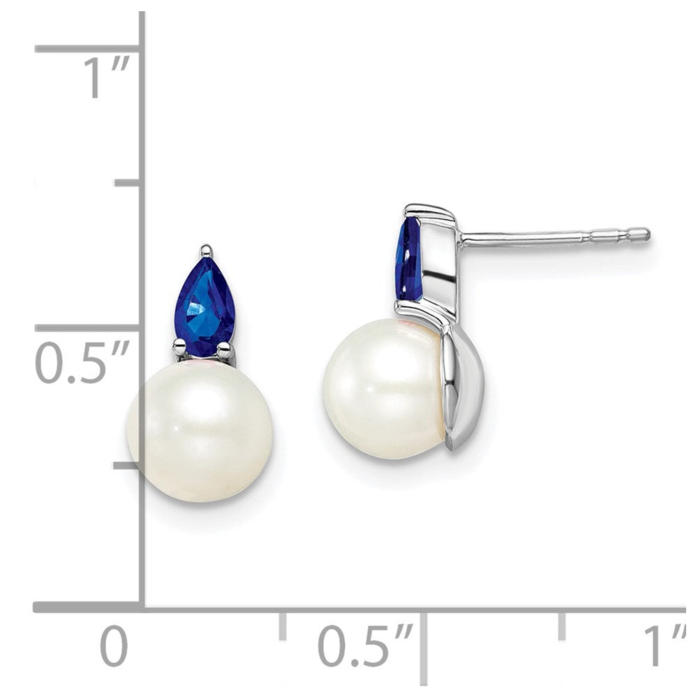 14k White Gold 6-7mm White Round Freshwater Cultured Pearl and .60SA Pear Sapphire Post Earrings