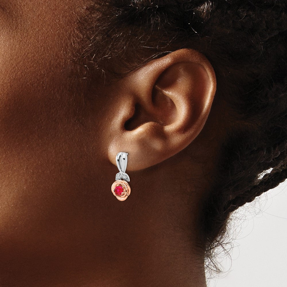 14K Two-tone White and Rose Gold Ruby and Diamond Flower Post Earrings