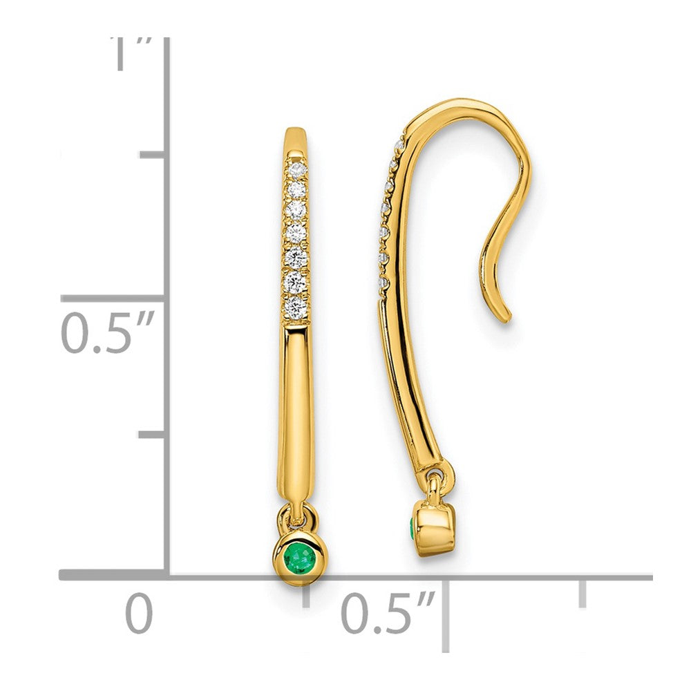 14k Polished Diamond and Emerald Drop Wire Earrings