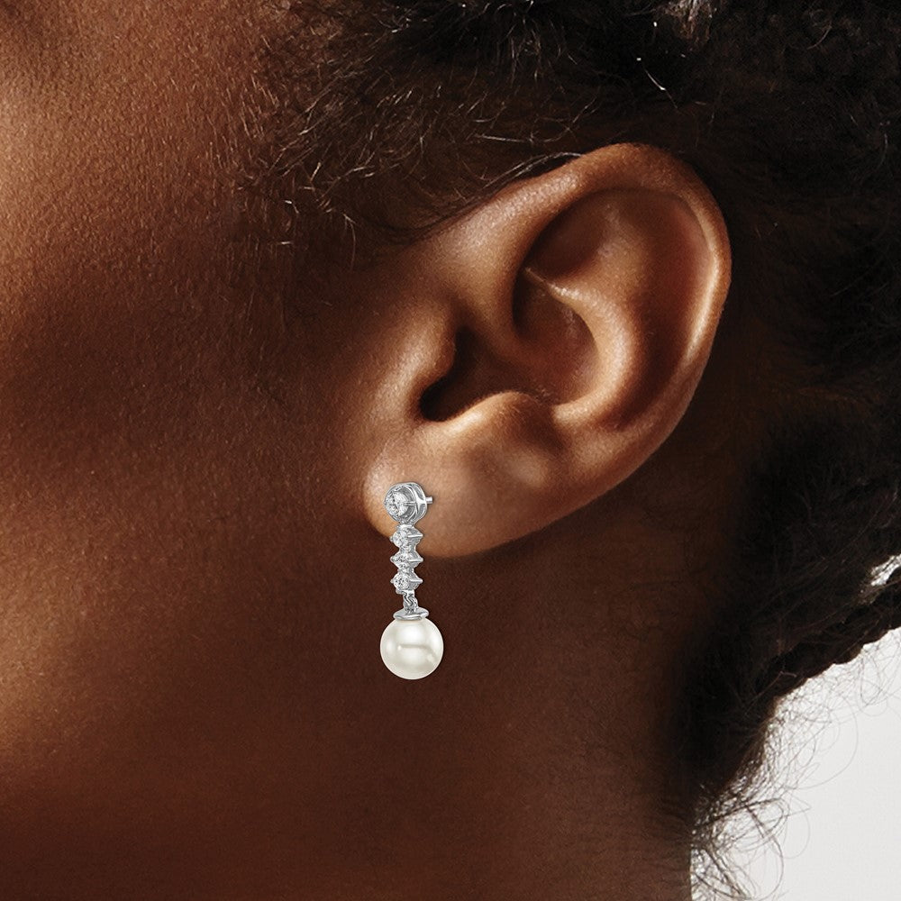 14k White Gold 6-7mm White Round Freshwater Cultured Pearl and .34 carat Diamond Dangle Post Earrings