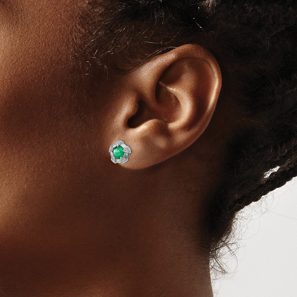 14k White Gold 4.5mm Round Emerald and Diamond Post Earrings