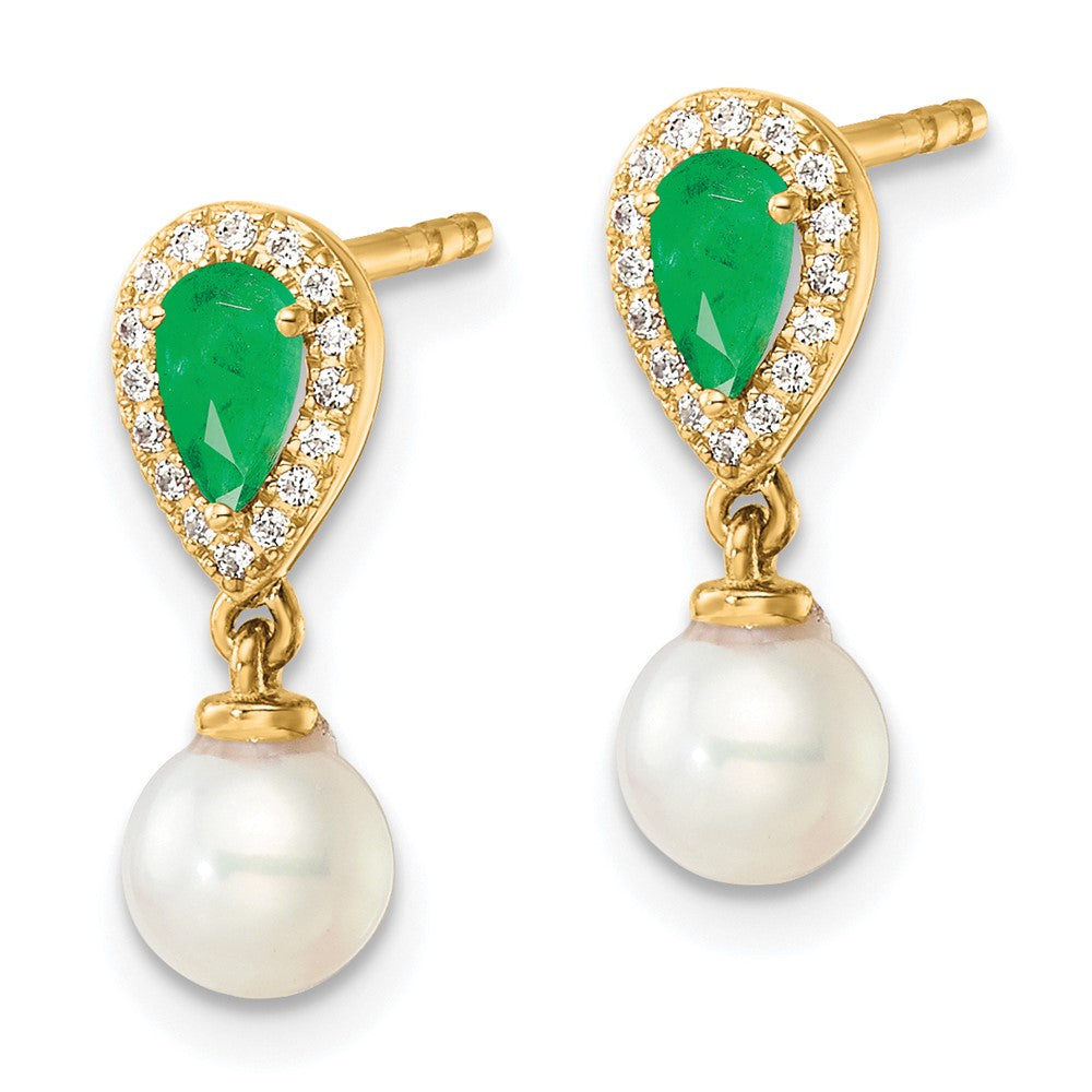 14K White Round Freshwater Cultured Pearl/.09 carat Diamond/Pear Emerald Dangle Post Earrings
