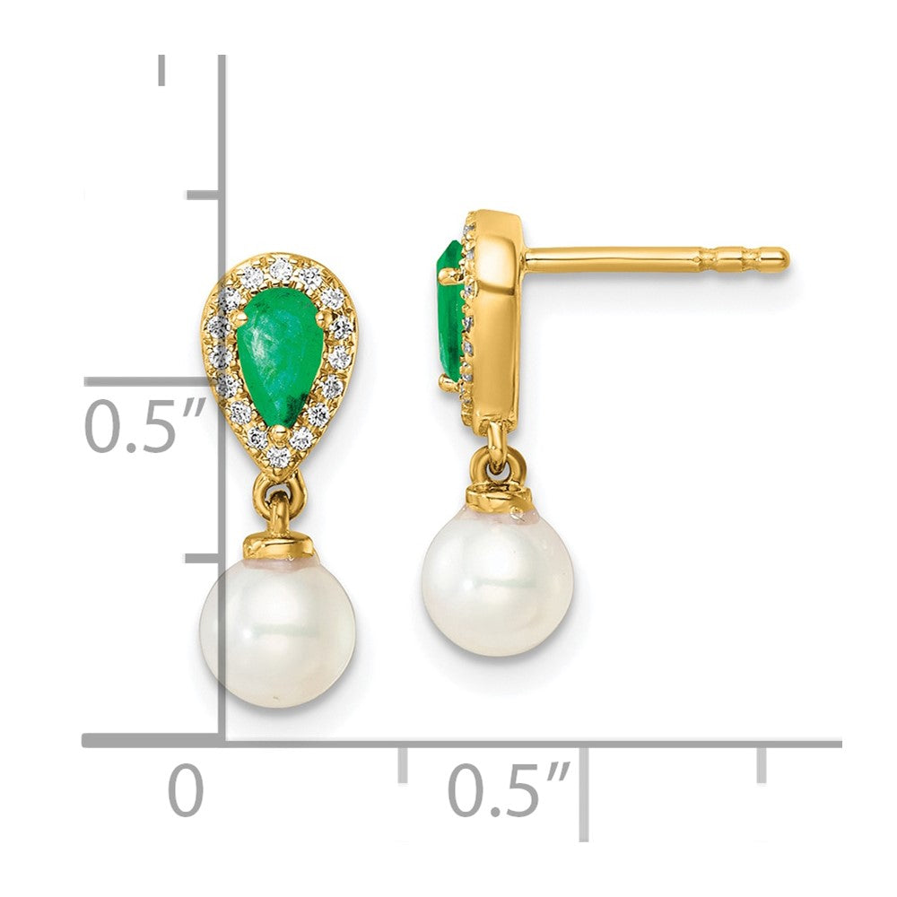14K White Round Freshwater Cultured Pearl/.09 carat Diamond/Pear Emerald Dangle Post Earrings