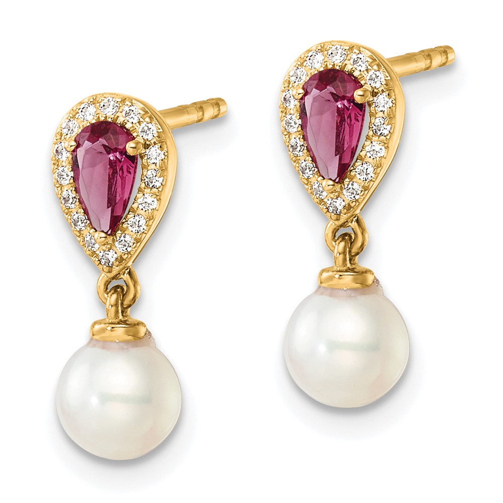 14K White Round Freshwater Cultured Pearl/.09 carat Diamond/Pear Ruby Dangle Post Earrings