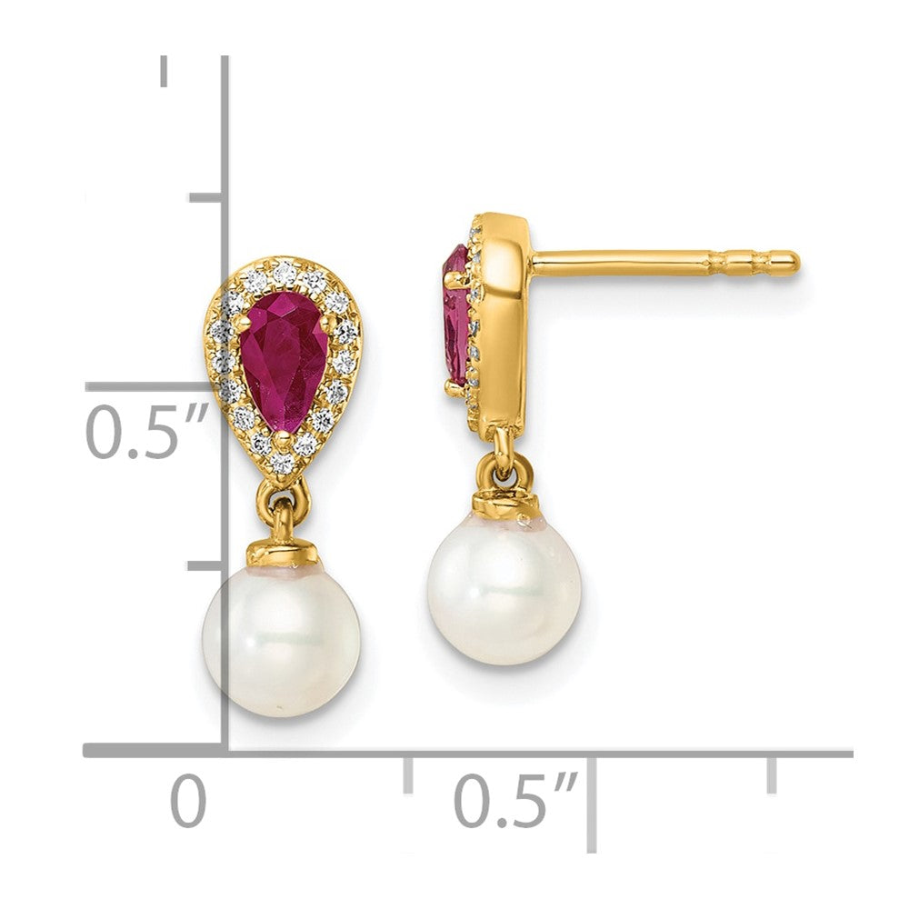 14K White Round Freshwater Cultured Pearl/.09 carat Diamond/Pear Ruby Dangle Post Earrings