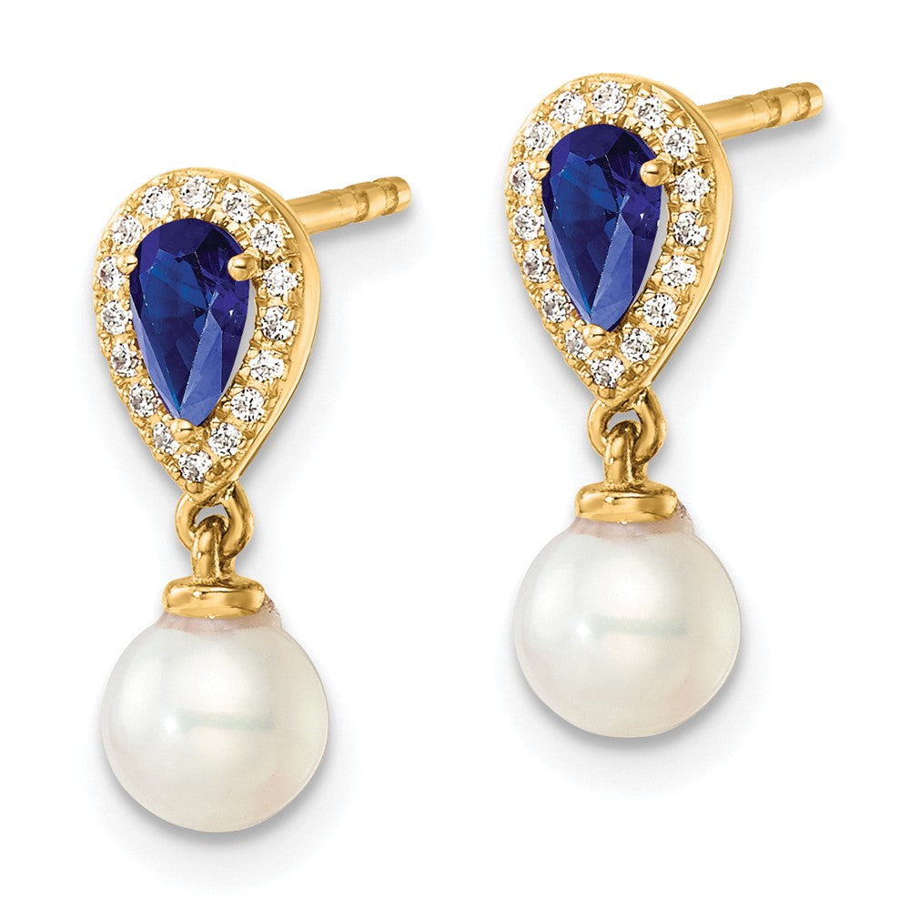 14K White Round Freshwater Cultured Pearl/.09 carat Diamond/Pear Sapphire Dangle Post Earrings