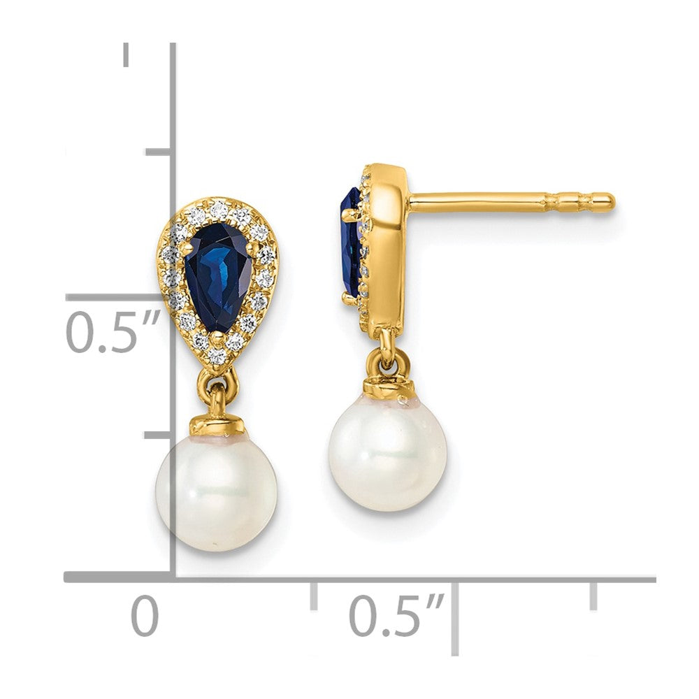 14K White Round Freshwater Cultured Pearl/.09 carat Diamond/Pear Sapphire Dangle Post Earrings
