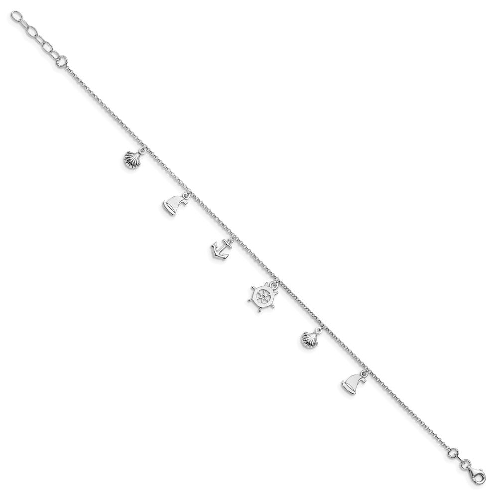 Sterling Silver Rhodium-plated Nautical Charms 9 inch Plus 1 inch Extender - Total 10 inch Anklet