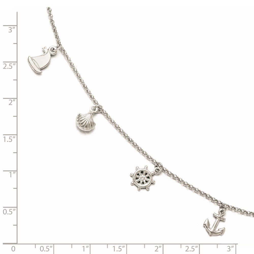 Sterling Silver Rhodium-plated Nautical Charms 9 inch Plus 1 inch Extender - Total 10 inch Anklet