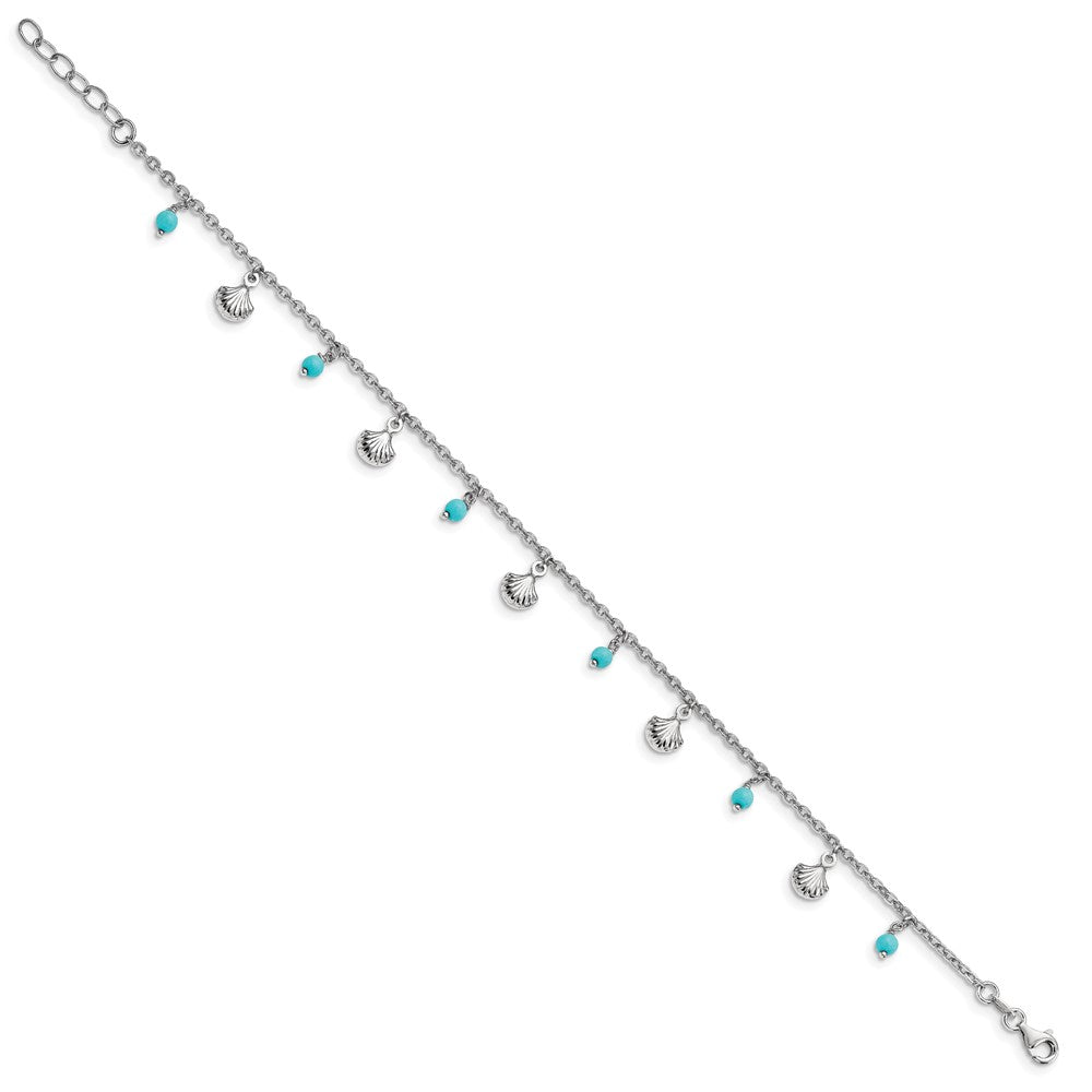 Sterling Silver Rhodium-plated Turquoise and Shell Charms 9 inch Plus 1 inch Extender - Total 10 inch Anklet