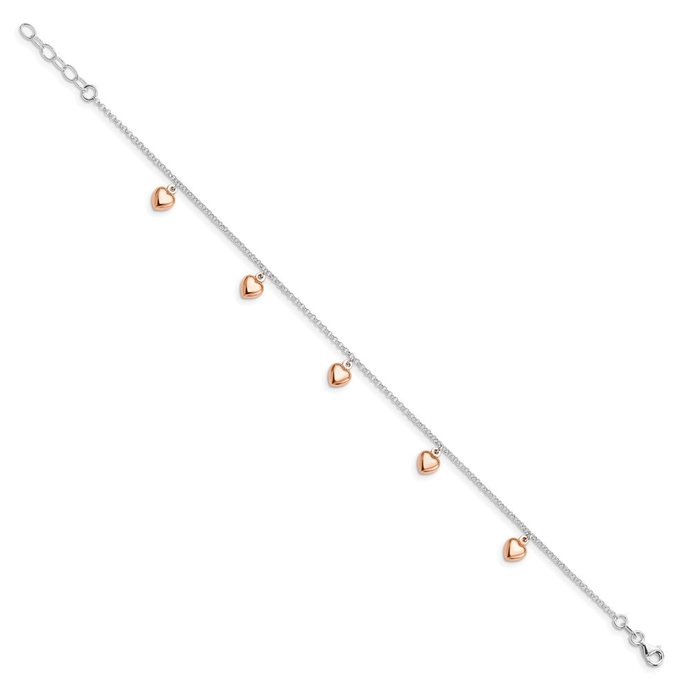 Sterling Silver Rose-tone 18K Flash-plated Hearts 9 inch Plus 1 inch Extender - Total 10 inch Anklet