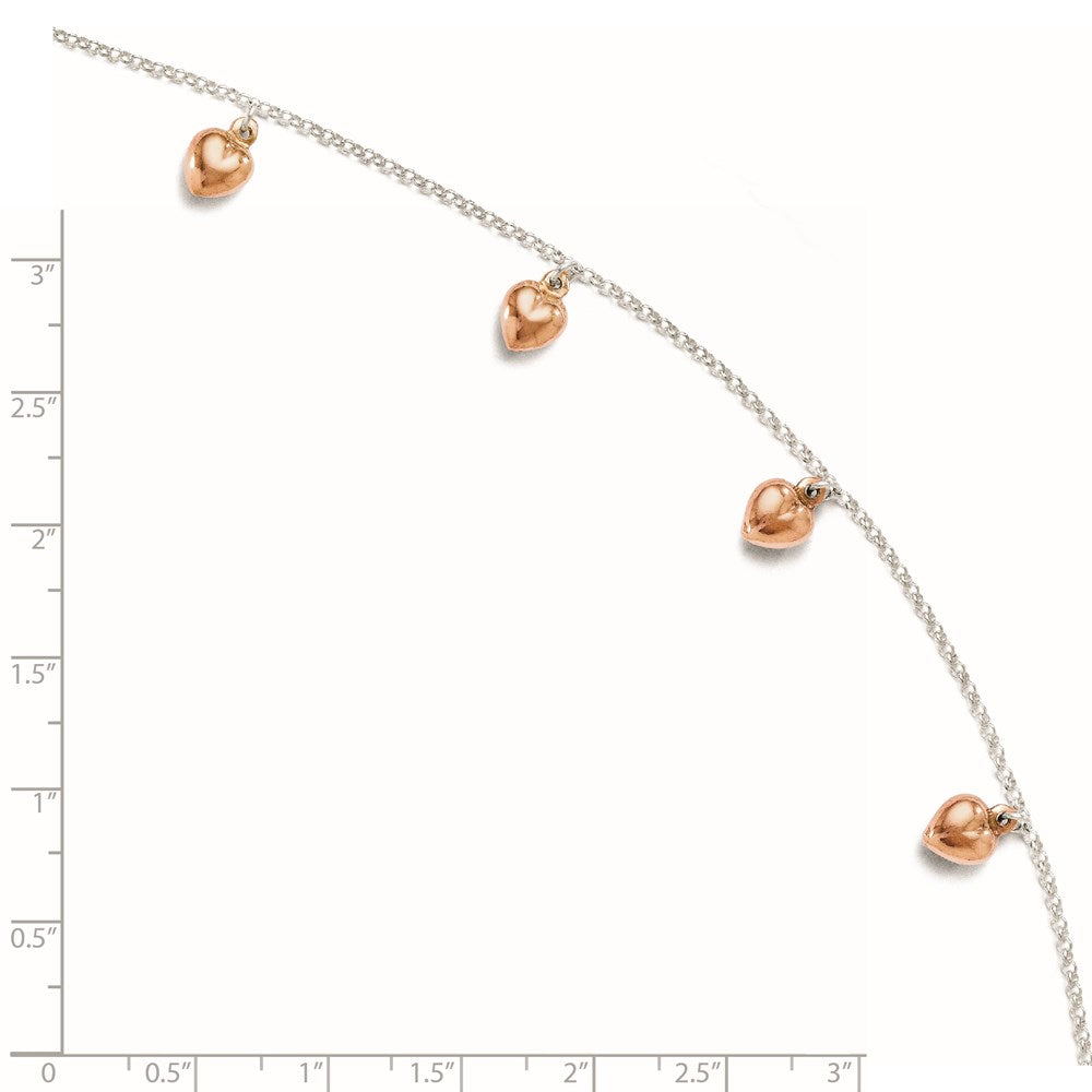 Sterling Silver Rose-tone 18K Flash-plated Hearts 9 inch Plus 1 inch Extender - Total 10 inch Anklet
