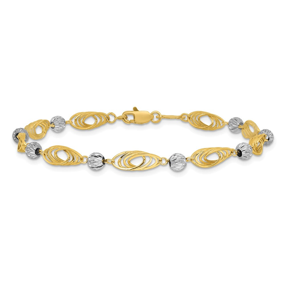 14K Two-tone Oval Links with Diamond-cut Beads 7.25 inch Bracelet
