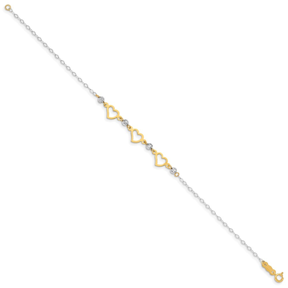 14K Two-tone Hearts and Diamond-cut Beads 6 inch Bracelet