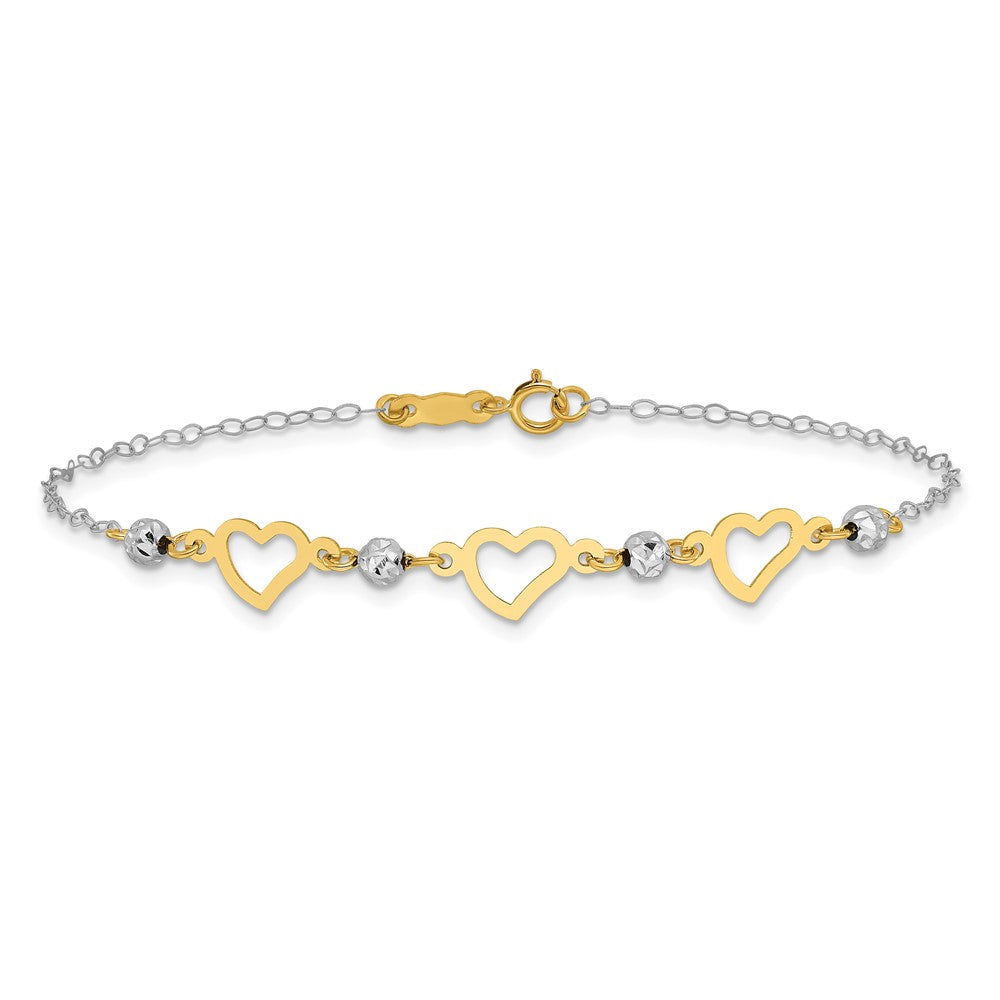 14K Two-tone Hearts and Diamond-cut Beads 7.5 inch Bracelet
