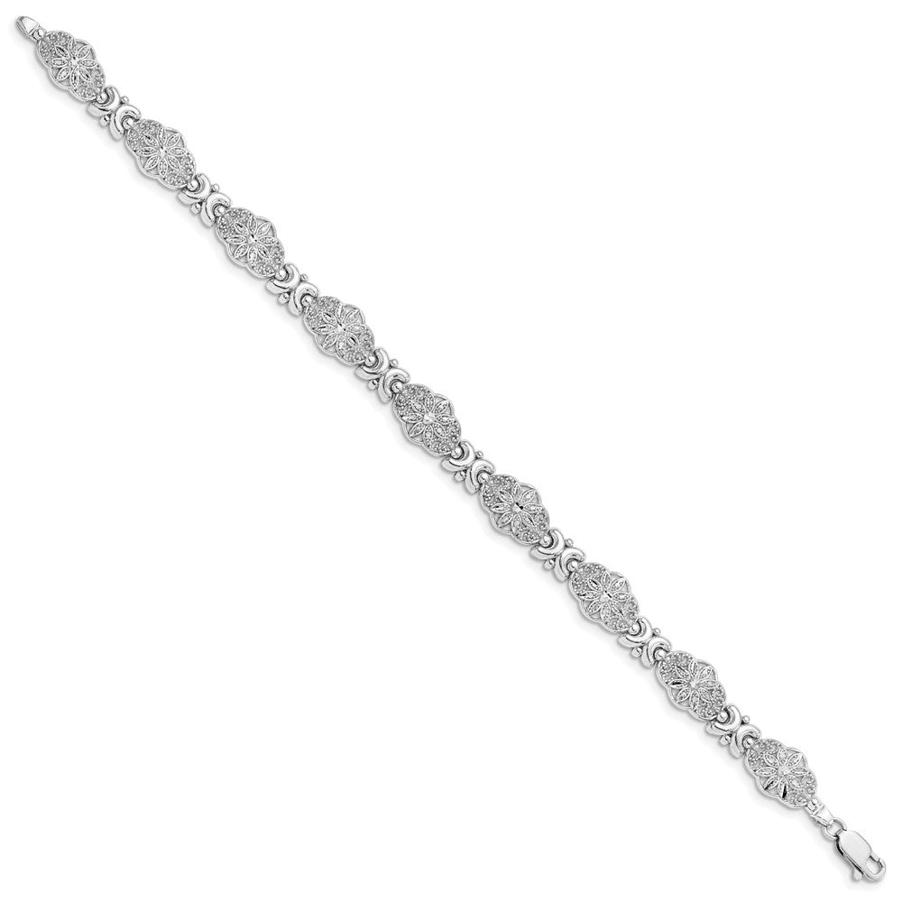 14K White Gold Polished and Textured Fancy Floral Link 7.5 inch Bracelet