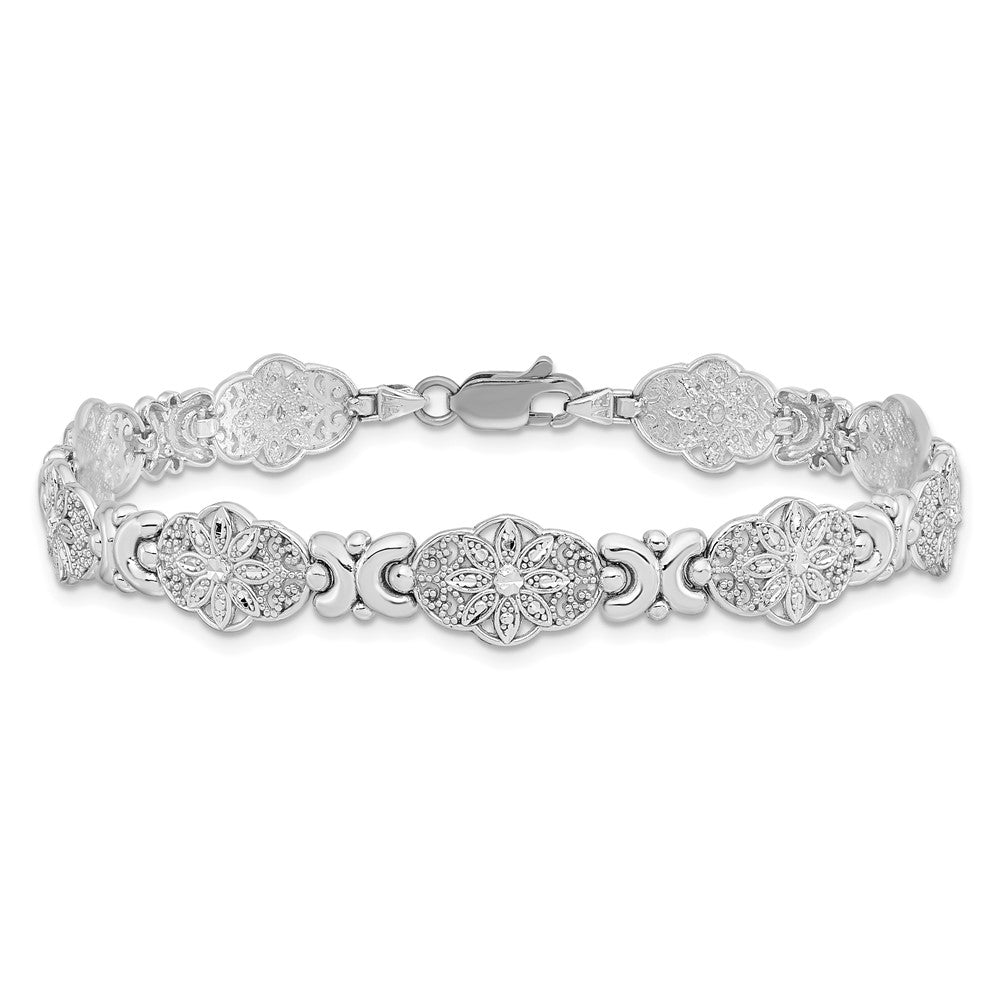 14K White Gold Polished and Textured Fancy Floral Link 7.5 inch Bracelet
